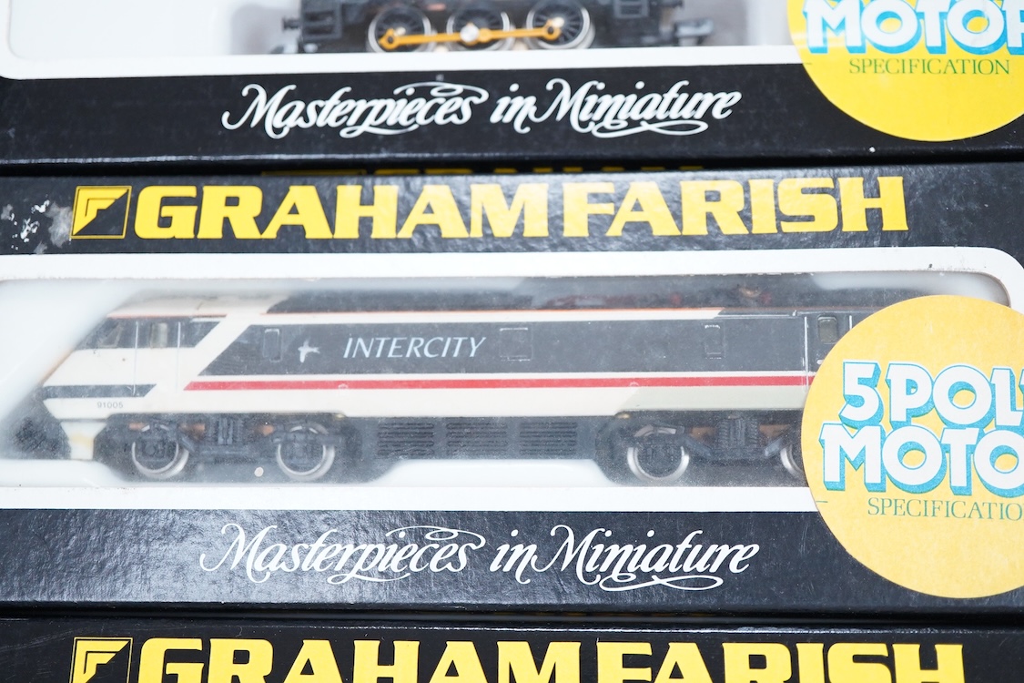 Four boxed Graham Farish N gauge railway diesel and electric locomotives; a BR class 20, D8144 (8204), a Regional Railways class 31, Wigan Pier 31421 (8067), a BR class 08, 08 834, (1002) and an Intercity class 91, 91005